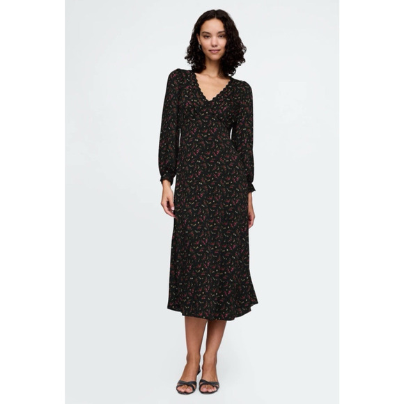 GAP Dresses & Skirts - Gap Women Large Dress Empire Midi V-Neck Long Sleeve Floral Black NWT Fairygoth